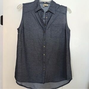 Sleeveless Collar Blouse Button Front Pocket SzM Curved Hem Dark Blue
